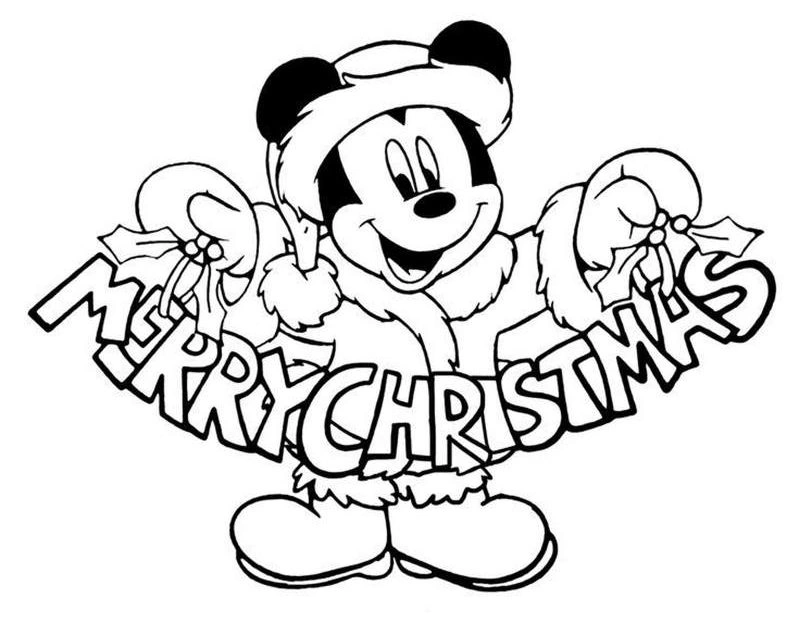 Mickey Mouse is holding a Merry Christmas sign coloring page